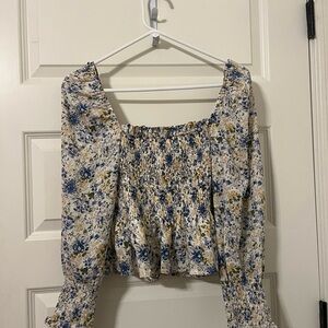 En Saison Blue and Cream Floral Smocked Blouse